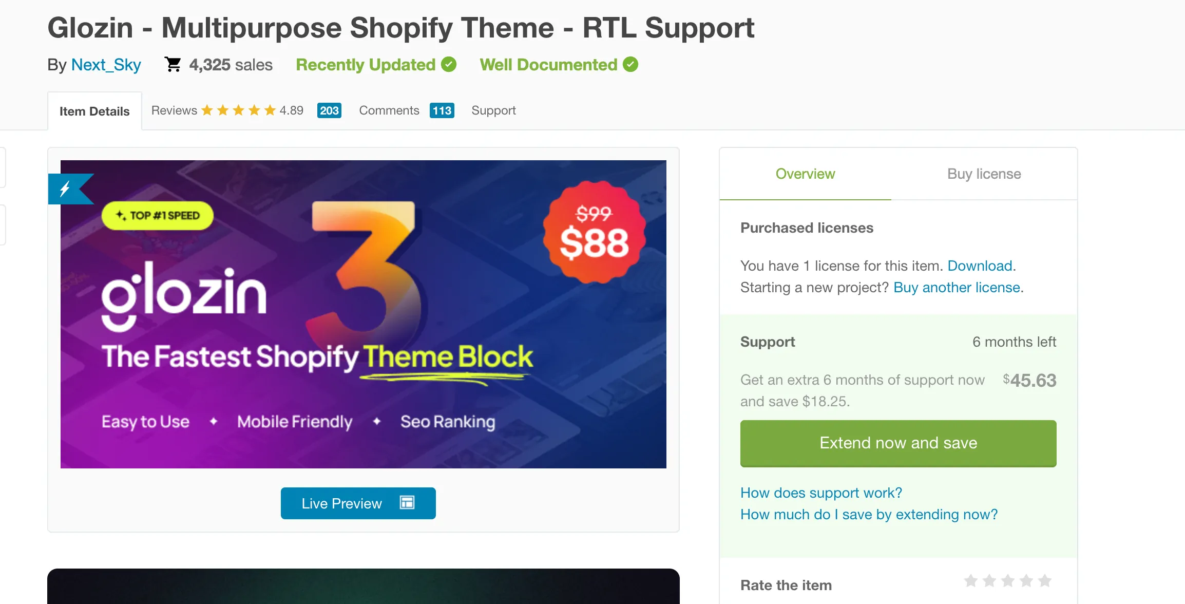 ThemeForest 中支持 Shopify 2.0 的 Glozin 付费主题页面