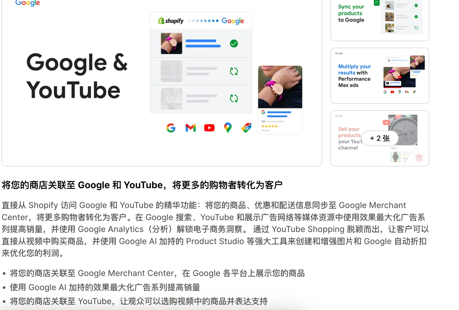 Shopify Google and YouTube 插件连接界面