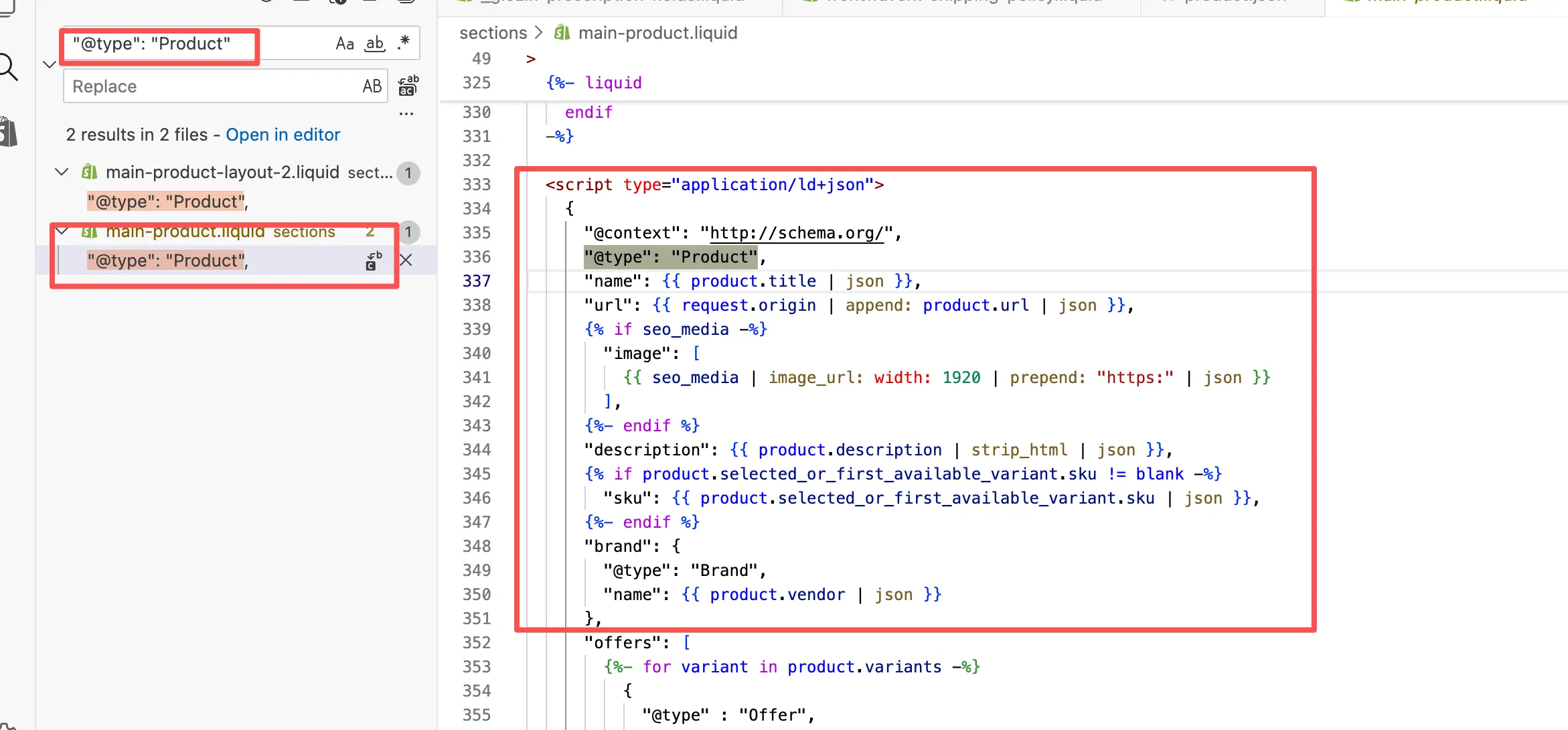 Shopify 产品模板 Liquid 文件中输出 Product JSON-LD 的代码位置
