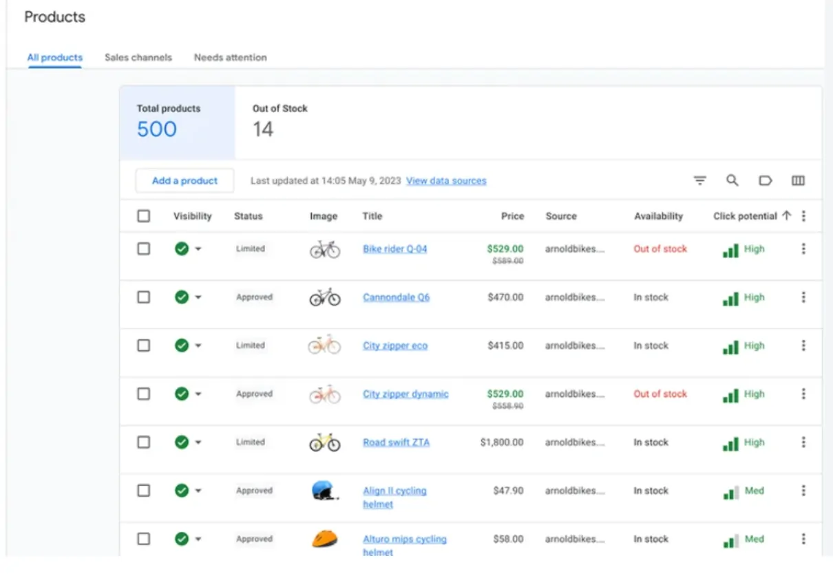 Google Merchant Center 商品列表中已批准状态和商品详情
